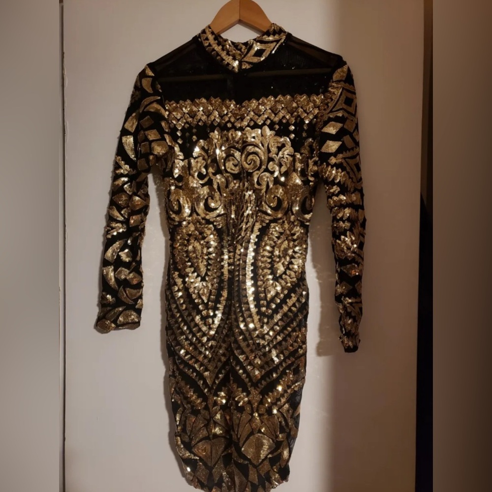 Angel Brinks Gold sequined black mesh short evening dress size L